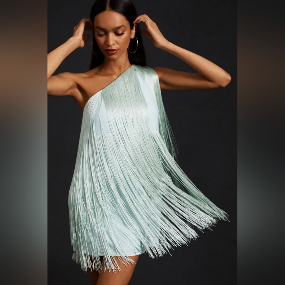 Anthropologie Light Blue Fringe Mini Dress